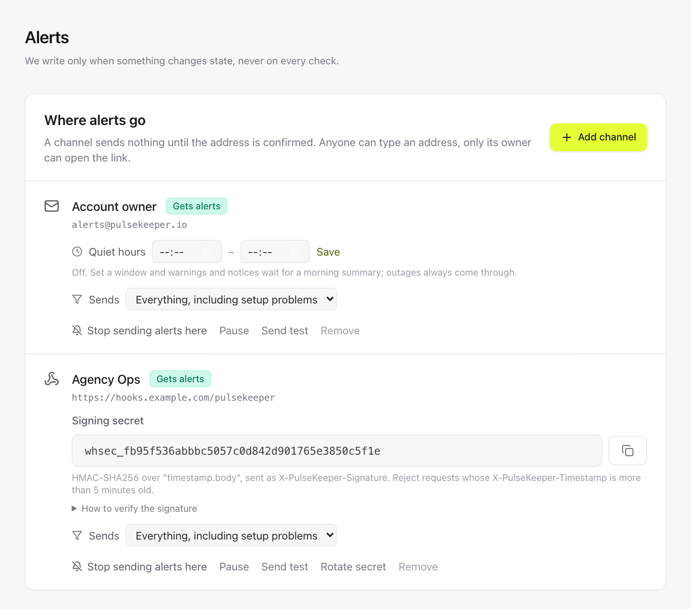 Alerts settings with channels, severity threshold and reminder schedule