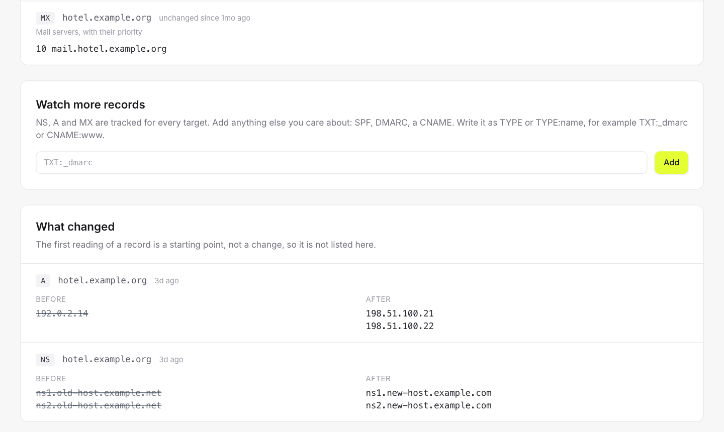 DNS tab with current records and a history of changes