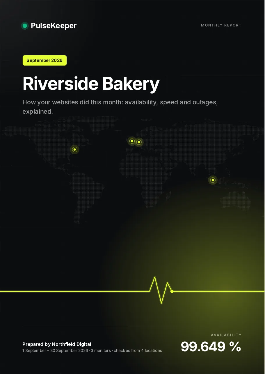 Report cover: client name, month and availability for the month