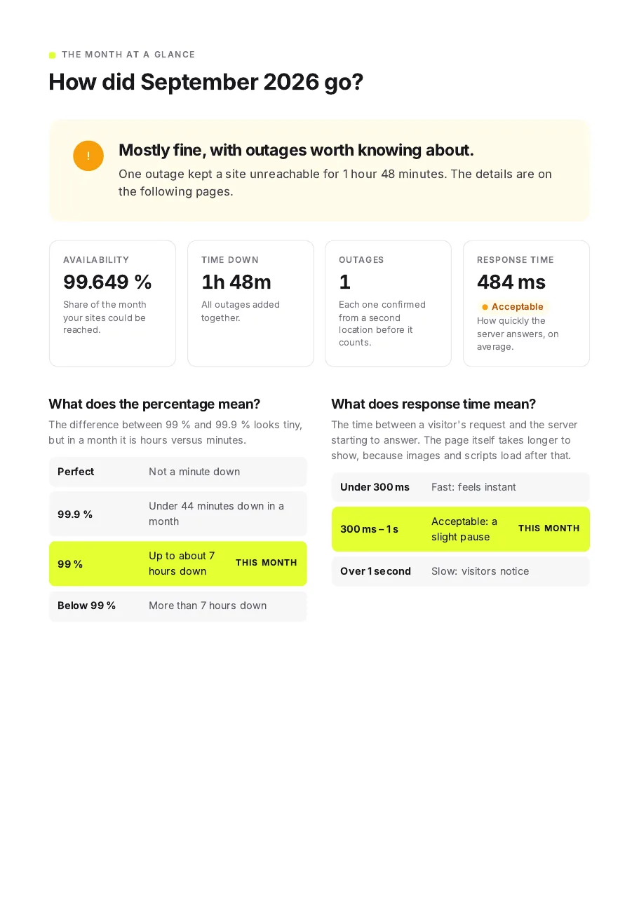 The month at a glance: verdict in one sentence, availability, time down, outages and response time, each explained
