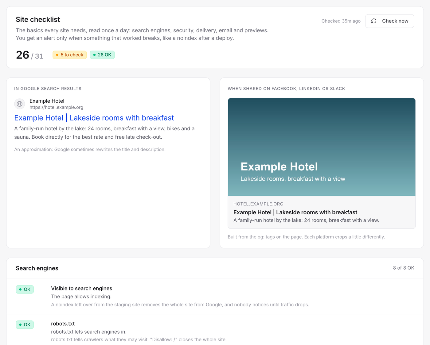 Site checklist for a hotel website: 26 of 31 basics in order, a Google search preview, a social share preview and the items to check