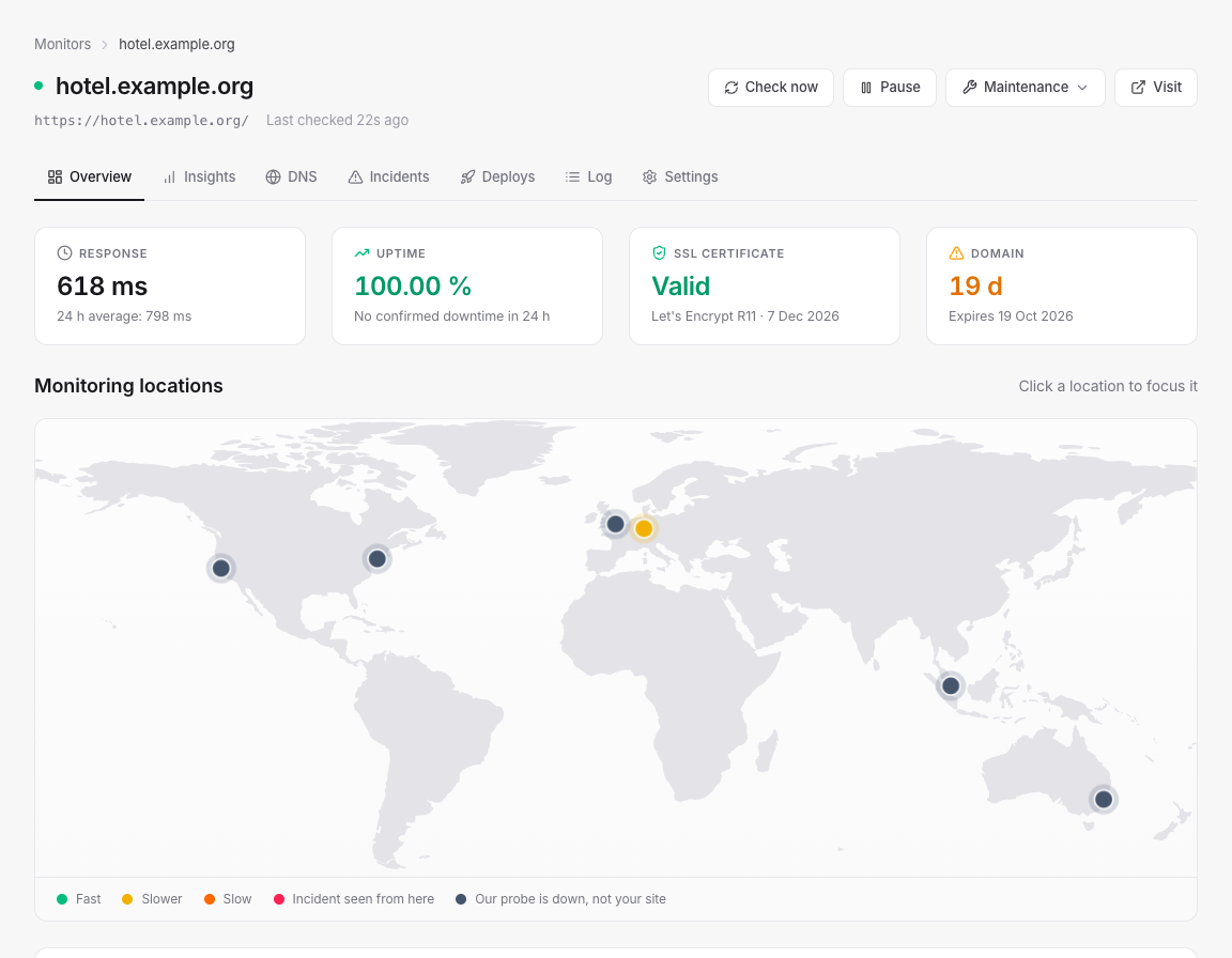 Target detail with response time, uptime, SSL certificate and domain expiry cards