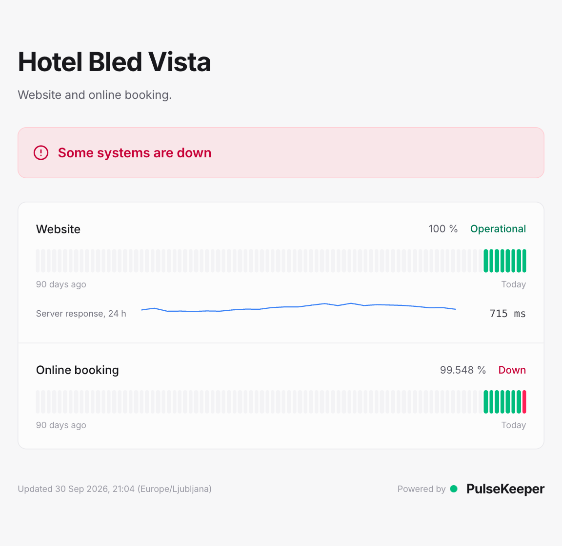Public status page with two services, one operational and one down, and their daily uptime